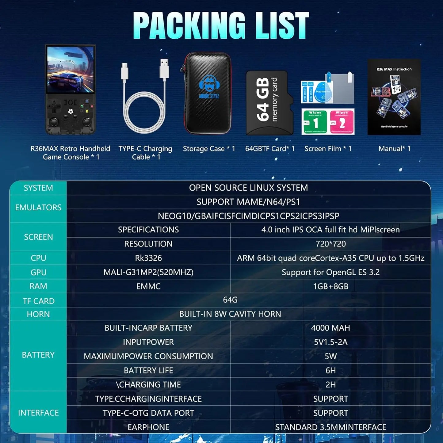 Handheld Game Console Linux System IPS Screen Portable Pocket Video Player 64GB 128GB Games Handheld Game Video Player Console