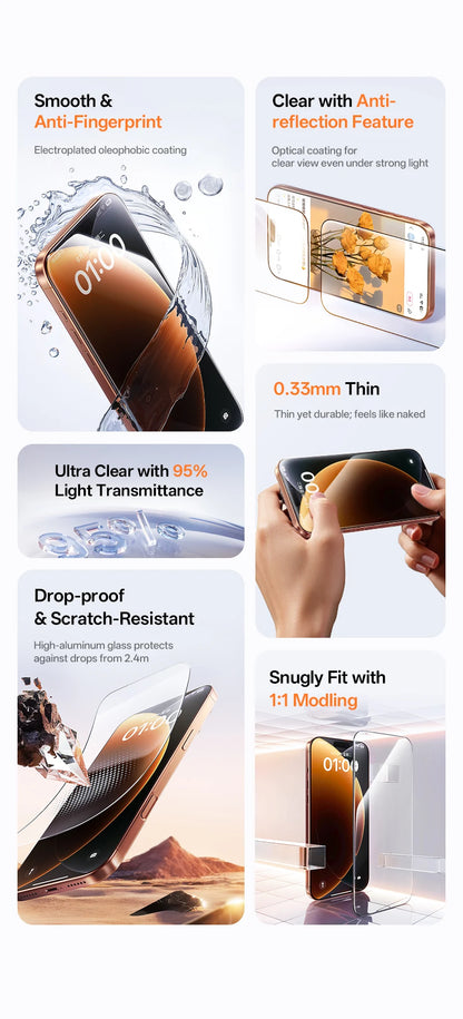 Baseus Tempered Glass for iPhone 17 16 15 14 13 12 Pro Max Screen Protector HD With Cleaning Kit Anti Peeping Dust-proof Glass