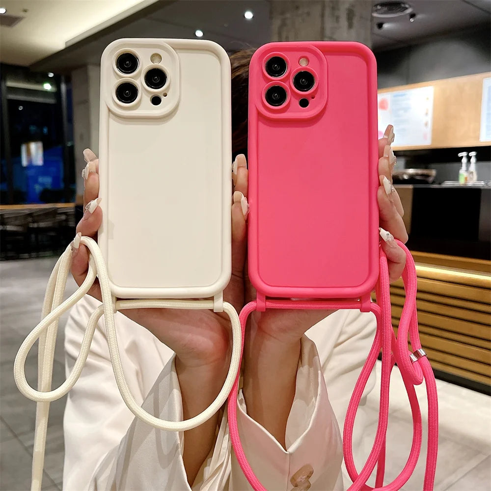 Phone Case For iPhone 14 13 15 16 Pro Max 17 Air 16E 12 11 X XS 8 Plus SE2022 Crossbody Adjustable Lanyard Strap Rope Soft Cover